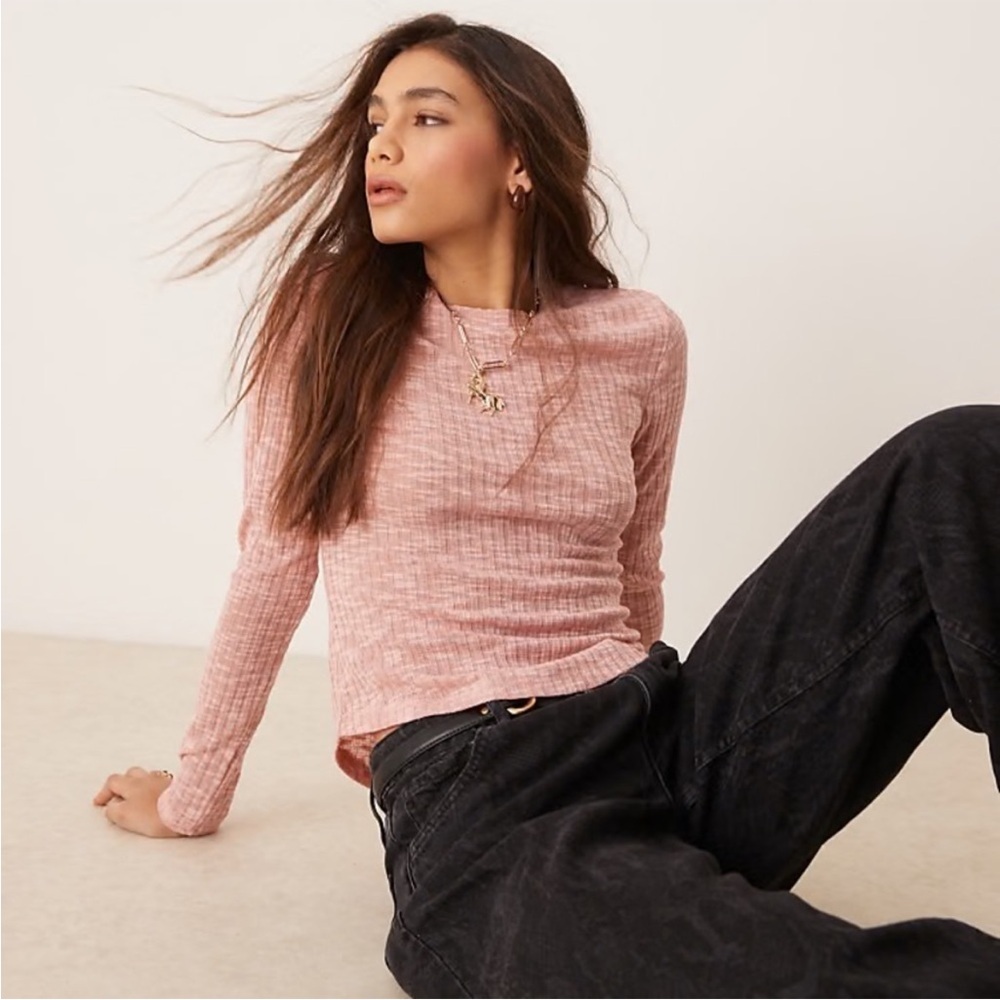 Free People Aura Blush Ribbed Knit Long Sleeve Top- NWT